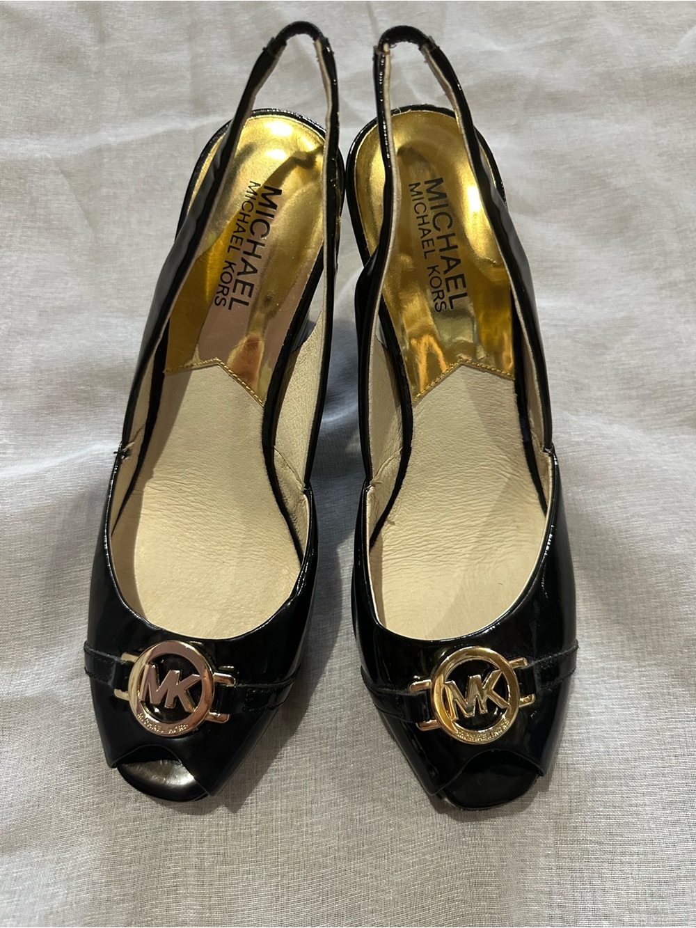 Michael Kors Black Patent Leather Peep-Toe Slingback Heels with Gold Logo